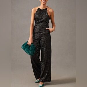 Anthropologie Maeve Black Sequin Wide Leg Jumpsuit NYE Party Disco Glam Size 4